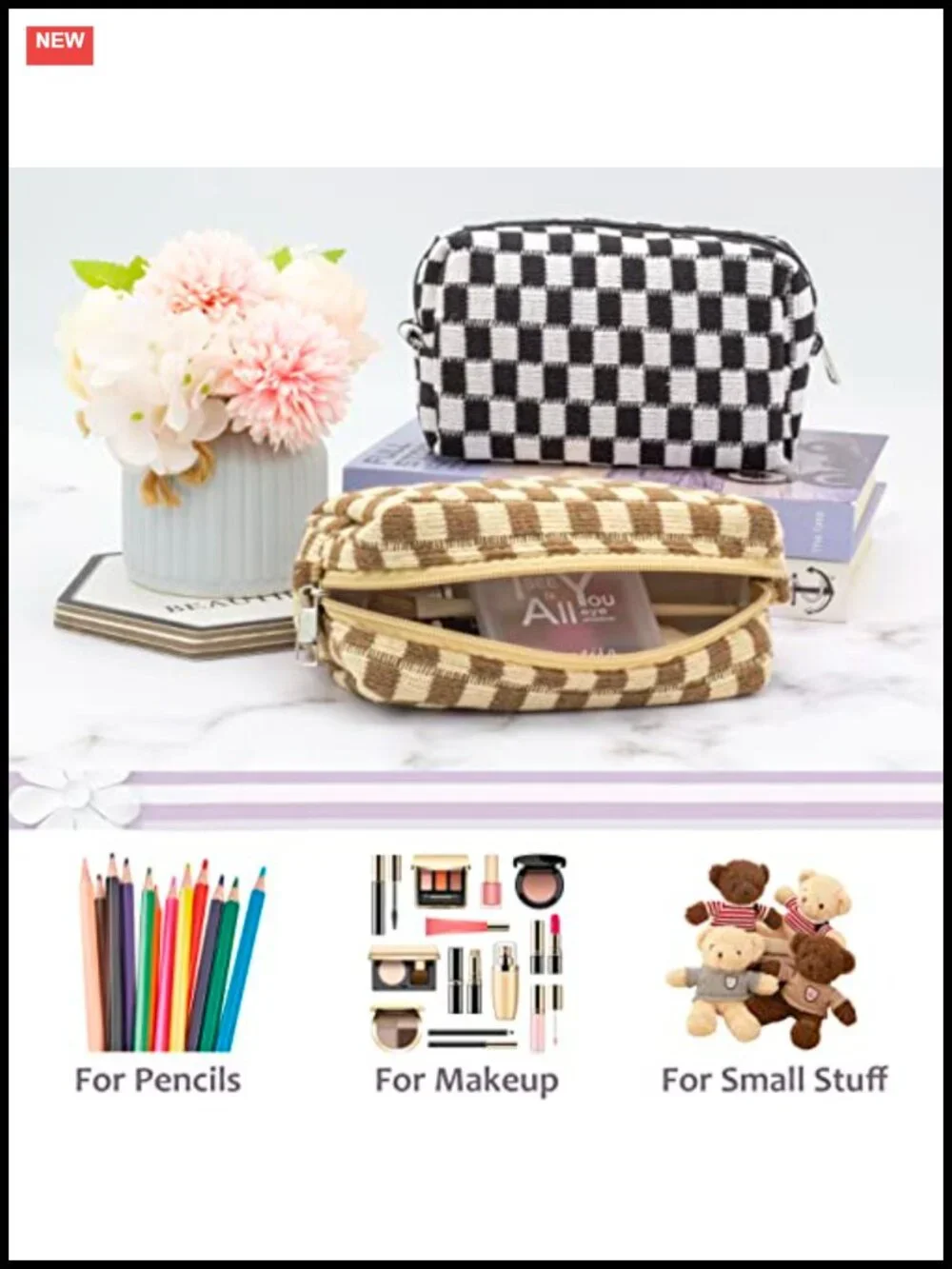 Checkered Makeup Bag Set of 6 - Small Cosmetic Pouch Travel Organizer for Women